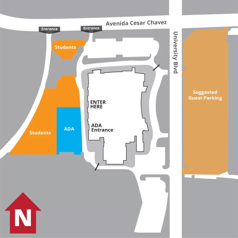Parking map showing students parking west of The Pit and entering at the west side.