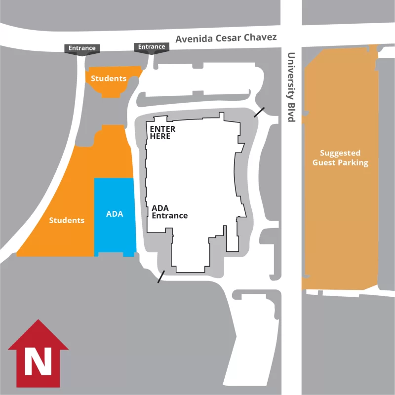 Parking map showing students parking west of The Pit and entering at the northwest corner.