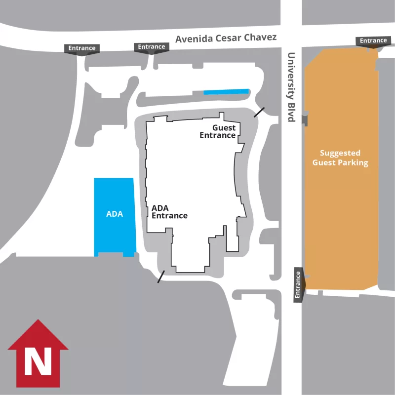 Map indicating that suggested guest parking is available across the street from The Pit, and ADA parking is on the west with an ADA entrance at the southwest corner