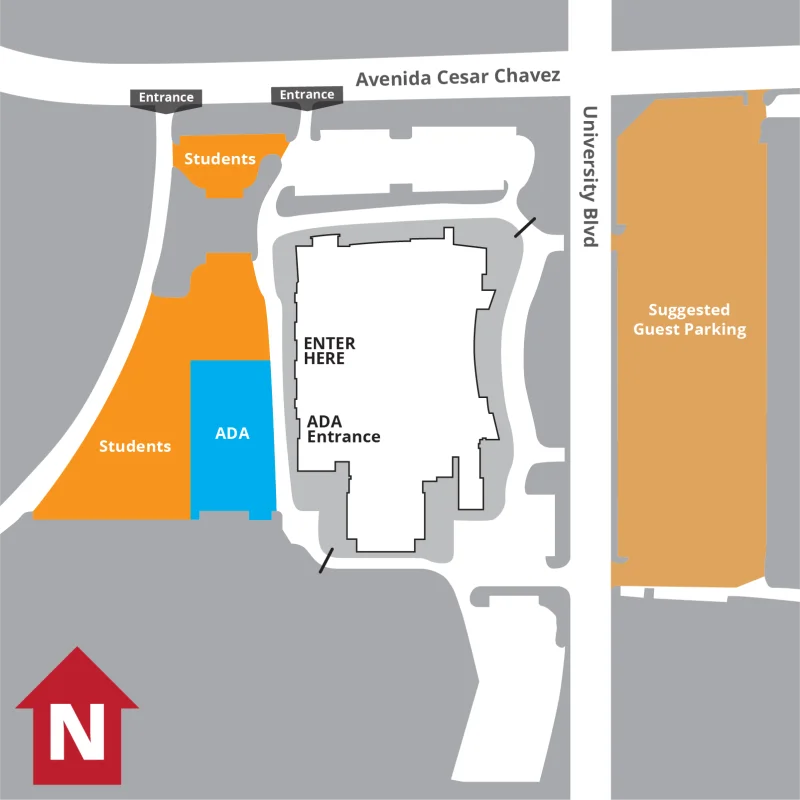 Parking map showing students parking west of The Pit and entering at the west side.