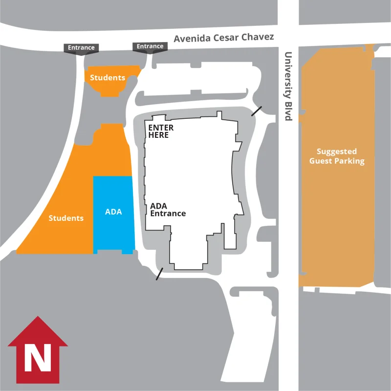Parking map showing students parking west of The Pit and entering at the northwest corner.