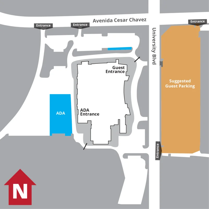 Map indicating that suggested guest parking is available across the street from The Pit, and ADA parking is on the west with an ADA entrance at the southwest corner